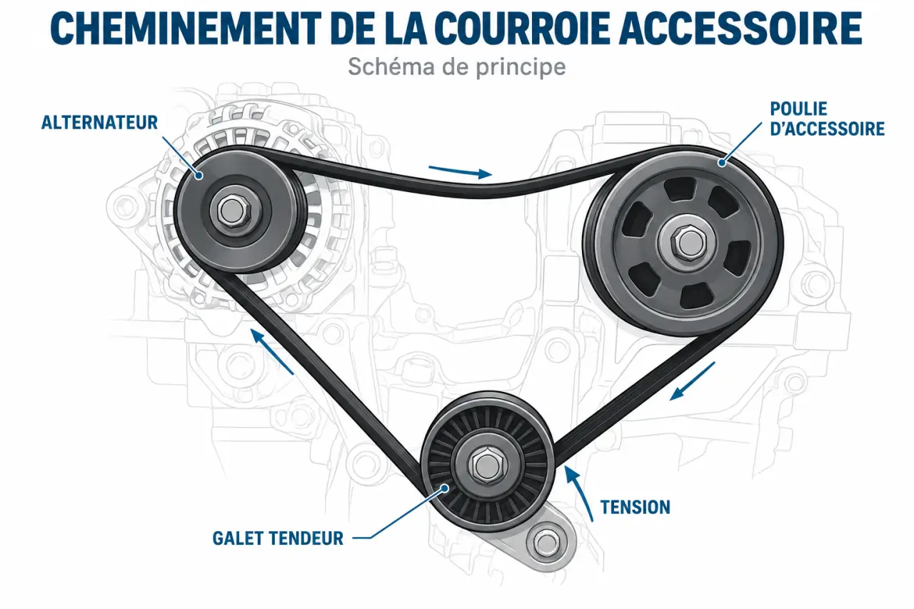 Schéma du bruit galet tendeur courroie accessoire et du cheminement de la courroie autour de l'alternateur