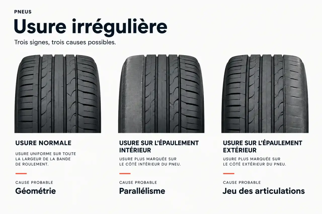 Schéma des types d'usure irrégulière des pneus à contrôler avant de choisir un garage comme pneus auto services