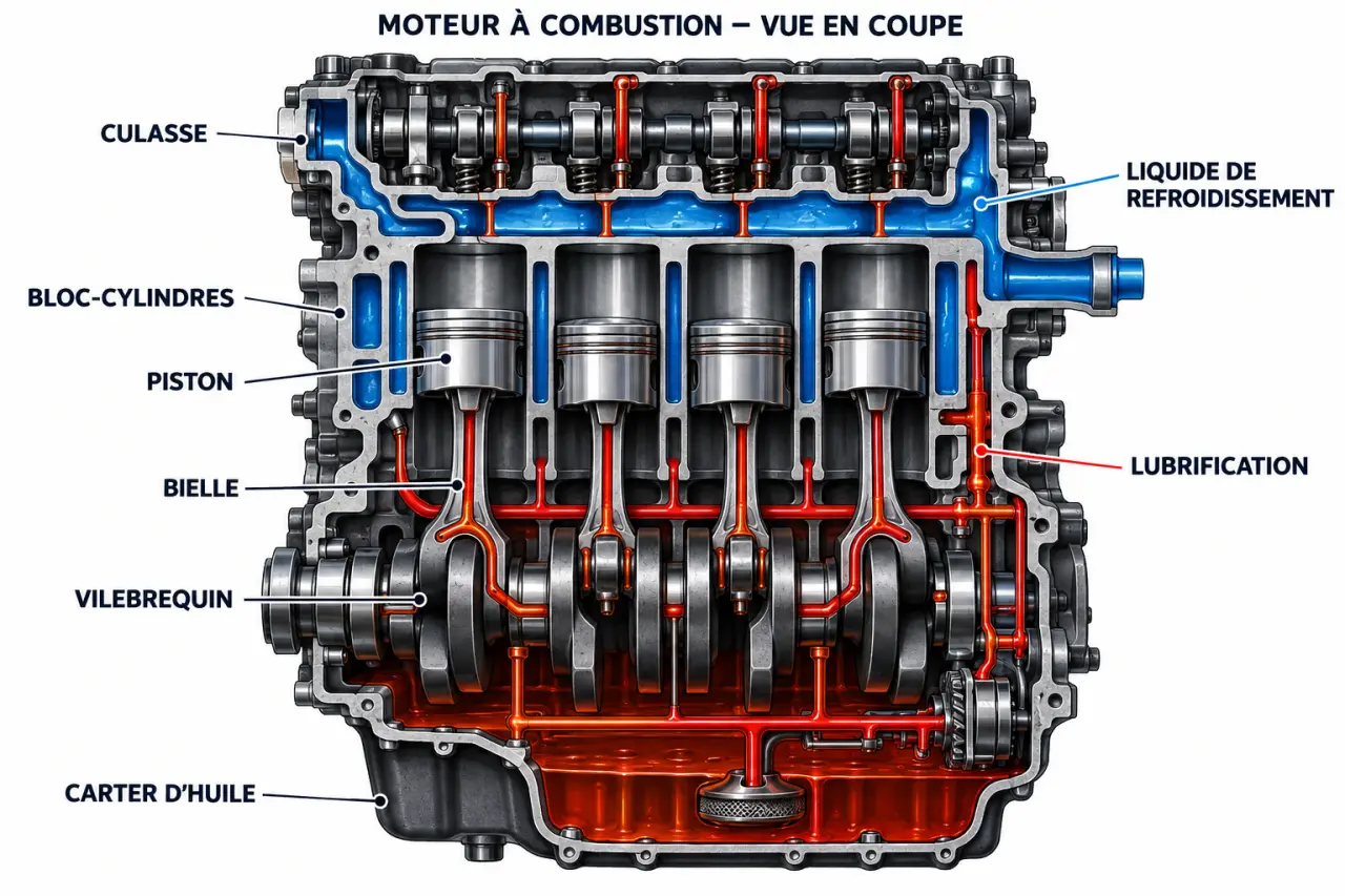 Schéma annoté du cylindre bloc et des pièces principales d'un moteur automobile