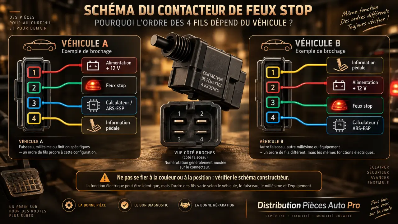 Schéma du contacteur de feux stop : pourquoi l’ordre des 4 fils dépend du véhicule