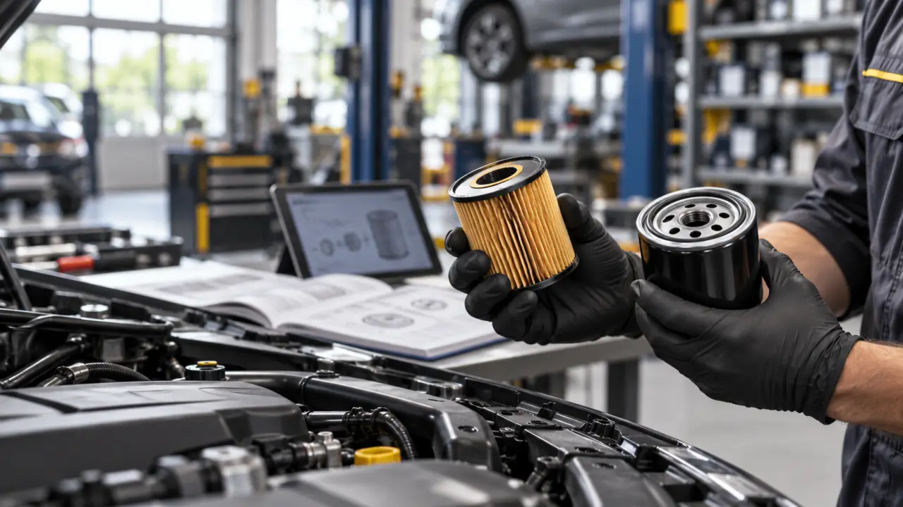 Filtre à huile automobile et outils de maintenance dans un atelier professionnel