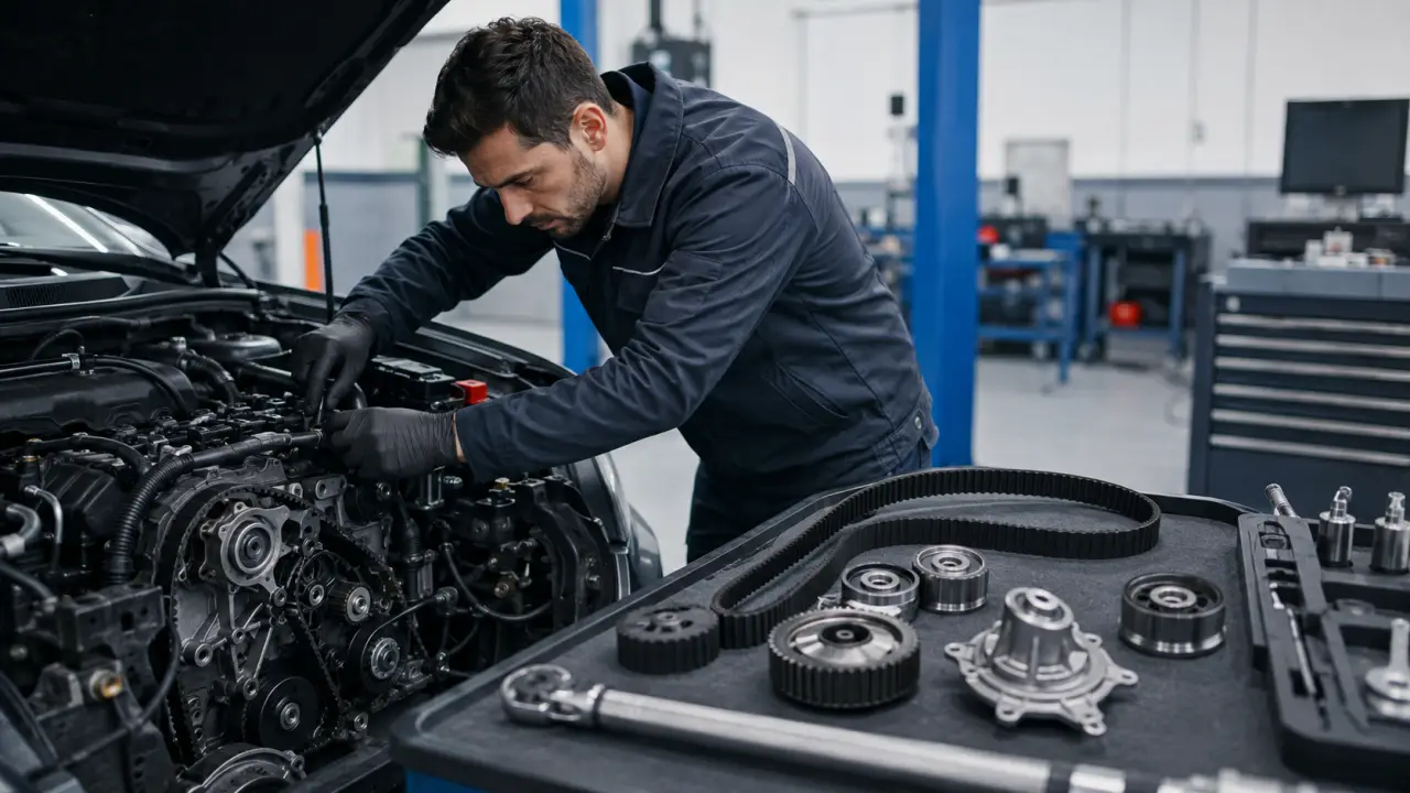 Remplacement d'un kit de distribution dans un atelier automobile professionnel