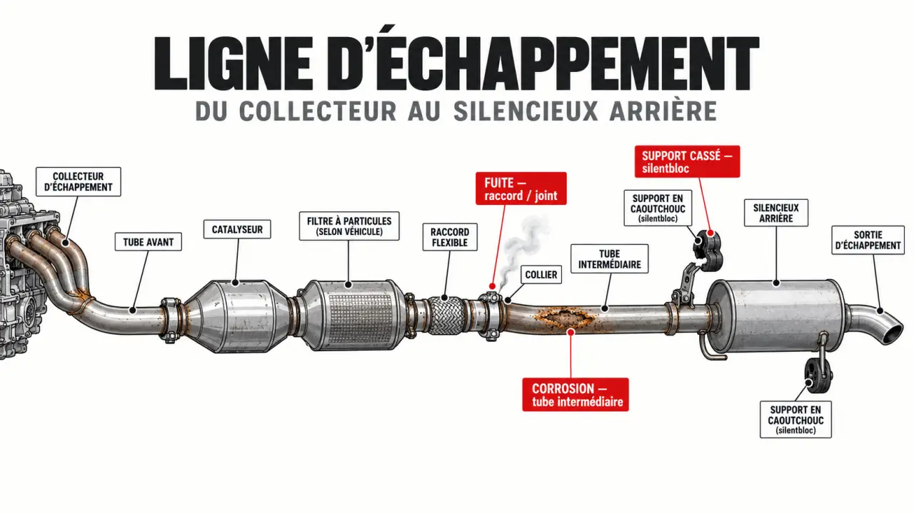 Schéma de la ligne pour comprendre un changement de pot d’échappement et identifier les pièces défectueuses