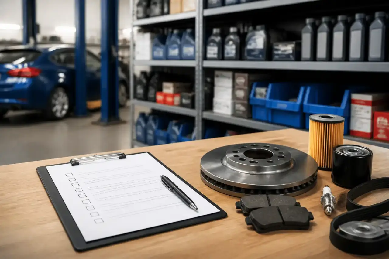Technicien préparant une checklist de pièces détachées dans un atelier automobile professionnel