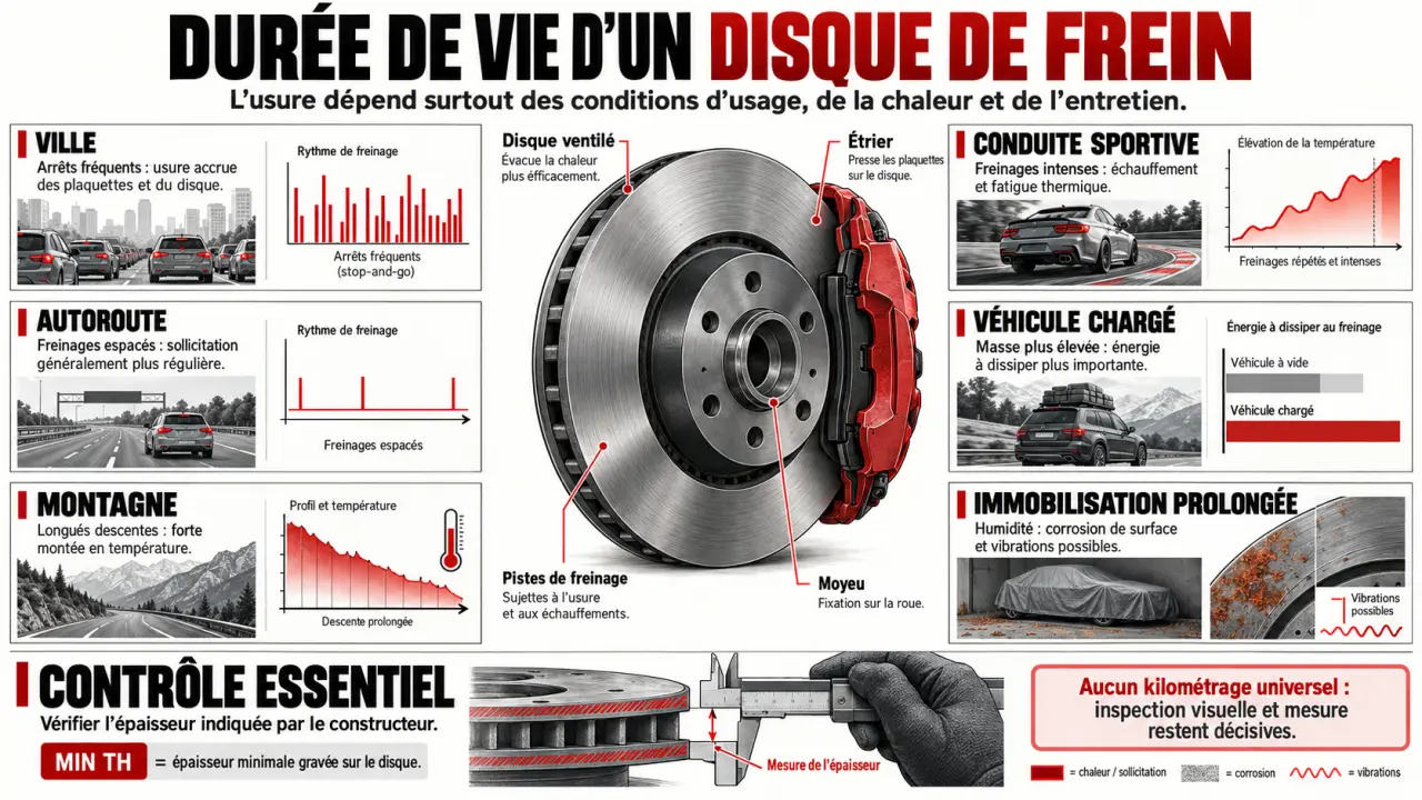 Infographie sur la durée de vie d’un disque de frein selon l’usage, l’usure et la cote MIN TH