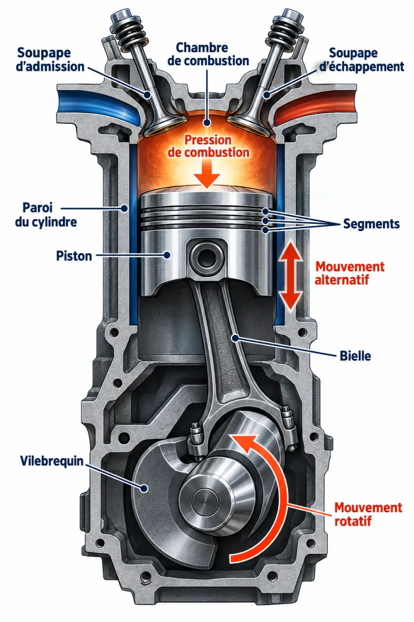 Schéma des cylindres voiture avec piston, soupapes, bielle et vilebrequin