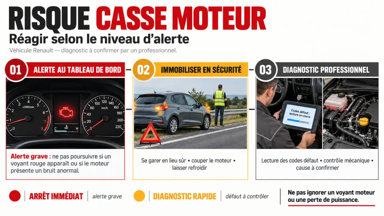 Visuel explicatif sur le risque casse moteur Renault et la conduite à tenir