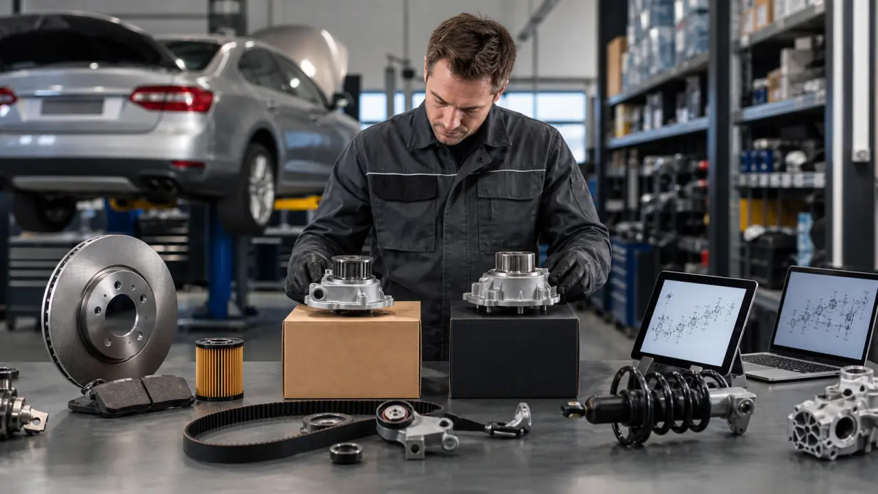 Interface professionnelle de recherche de pièces auto avec vue atelier
